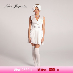钻扣短裙 NanaJacqueline光泽感翻领百褶连衣裙气质无袖 甄选3折