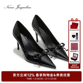 NanaJacqueline立体蝴蝶结漆皮高跟鞋 10.5cm尖头浅口单鞋 女高级感