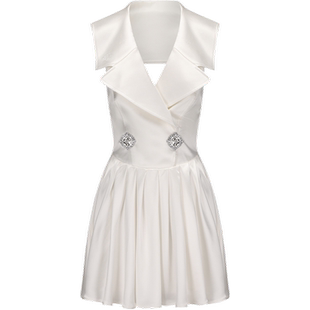 [甄选3折]NanaJacqueline光泽感翻领百褶连衣裙气质无袖钻扣短裙