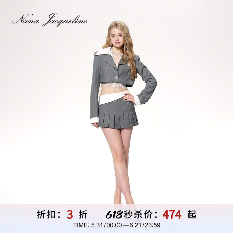 [甄选3折]NanaJacqueline西装套装女学院风撞色拼接短外套百褶裙