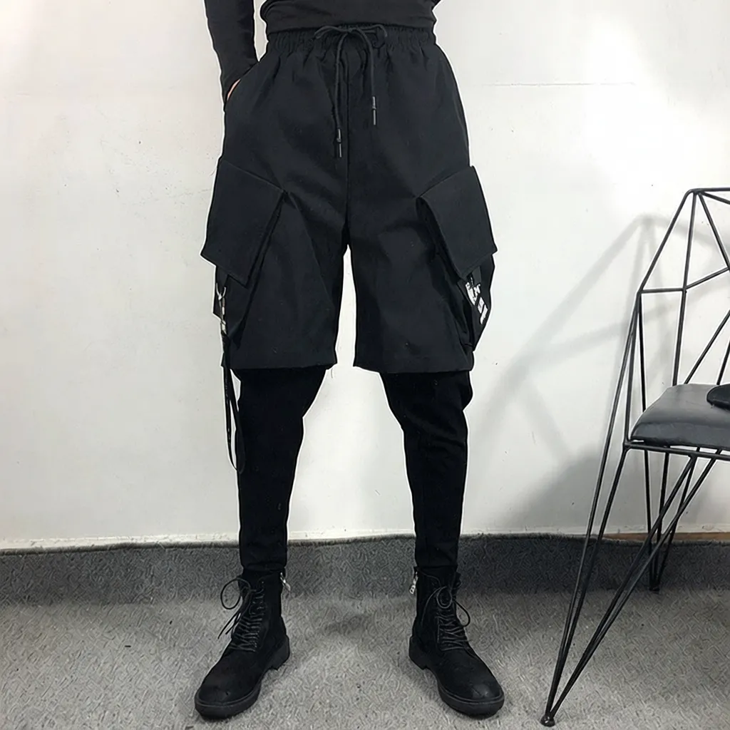 春夏潮男暗黑系多口袋假两件工装束脚裤街头风休闲嘻哈运动裤酷感