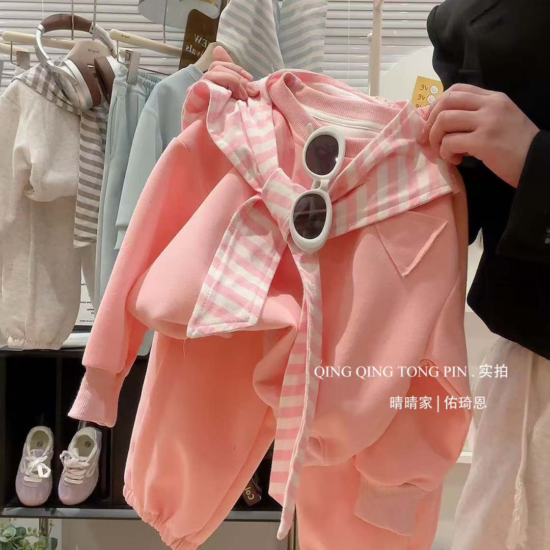 韩版童装女童洋气时尚披肩卫衣三件套中小童无束缚舒适款休闲套装