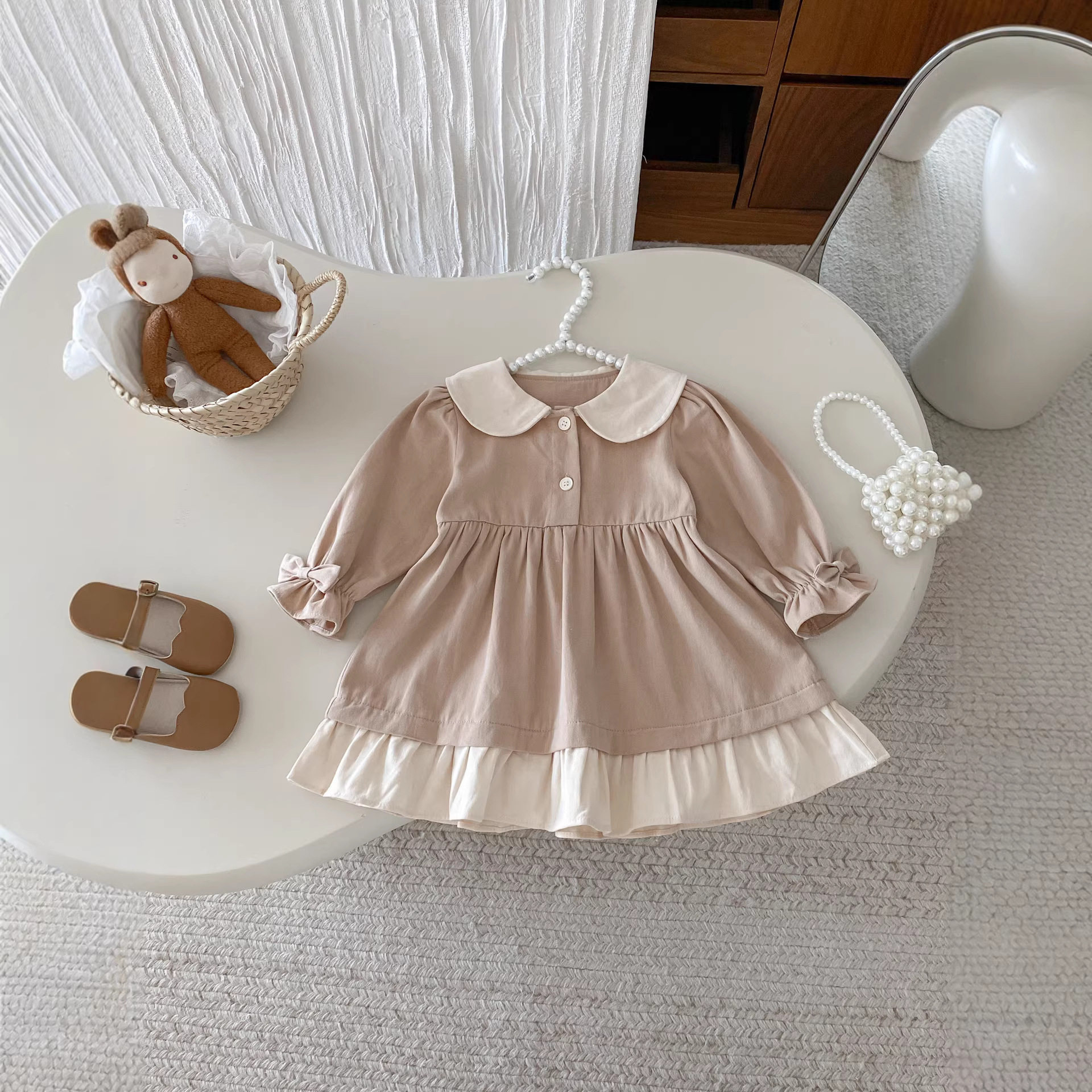 韩版女童连衣裙春秋装长袖碎花花边翻领简约公主裙儿童春季小裙子