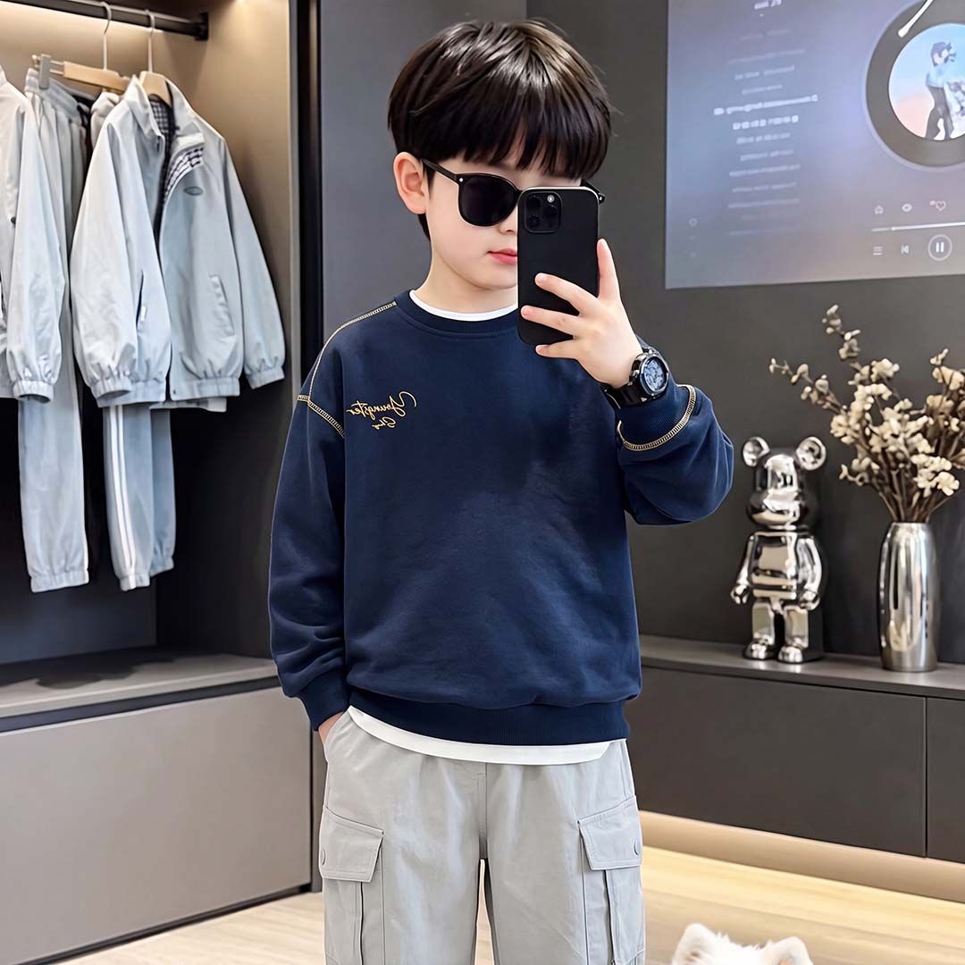2026新款童装卫衣春秋款儿童撞色印花上衣中大童上衣男童明线时尚