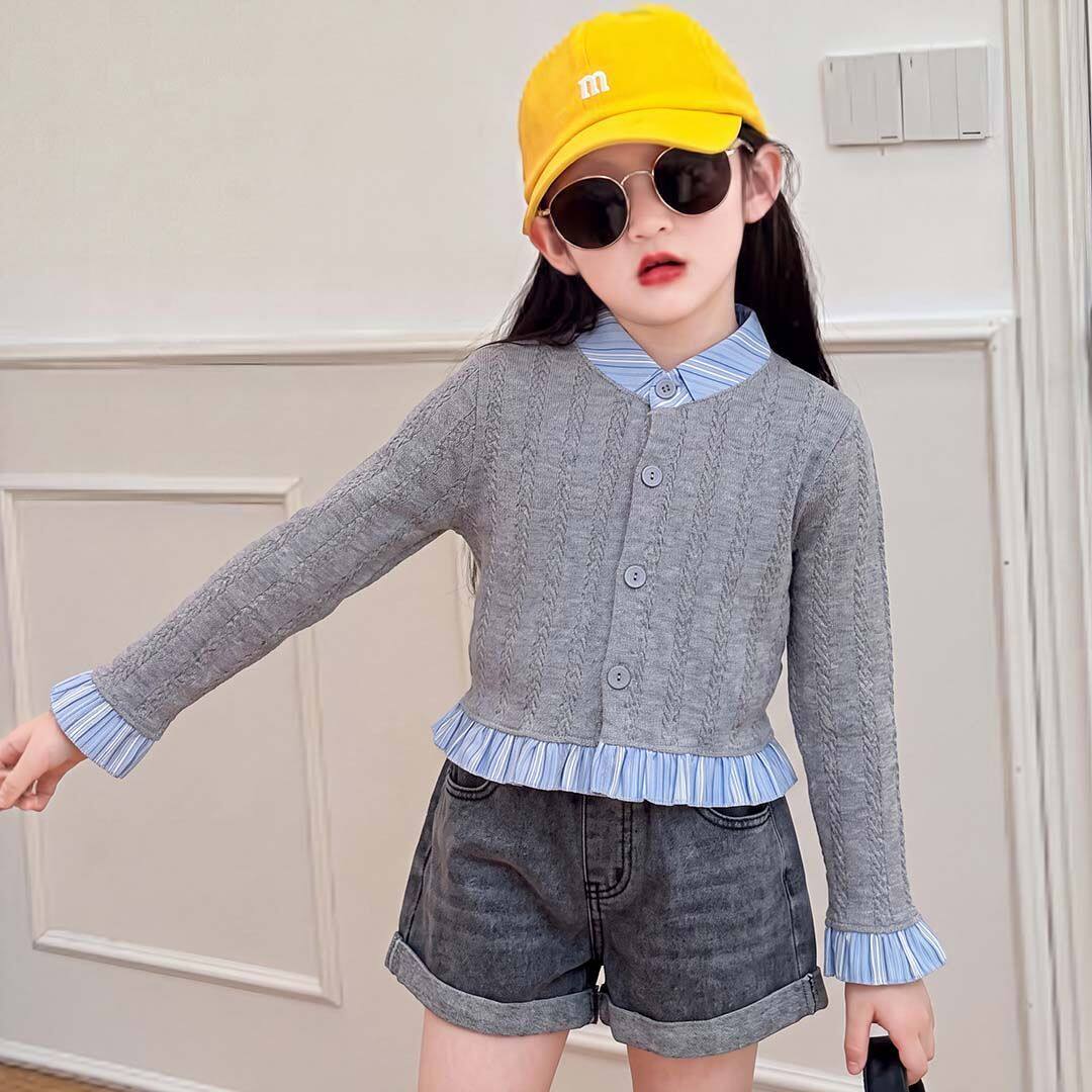 2026新款潮流女童纯色上衣儿童打底衫韩版毛衣可爱花边秋冬款开衫