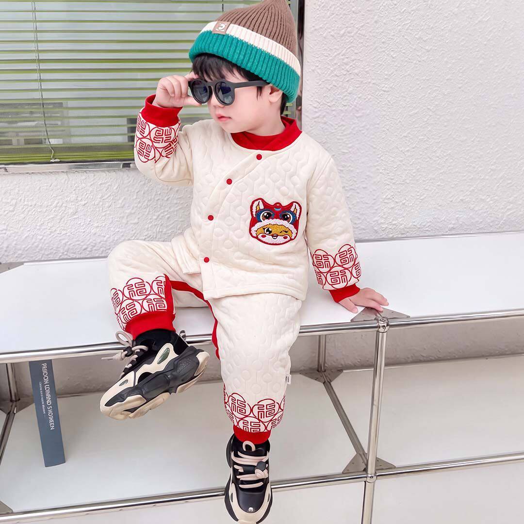 儿童保暖内衣红色过年衣服婴儿拜年服宝宝周岁夹棉分体套装新中式