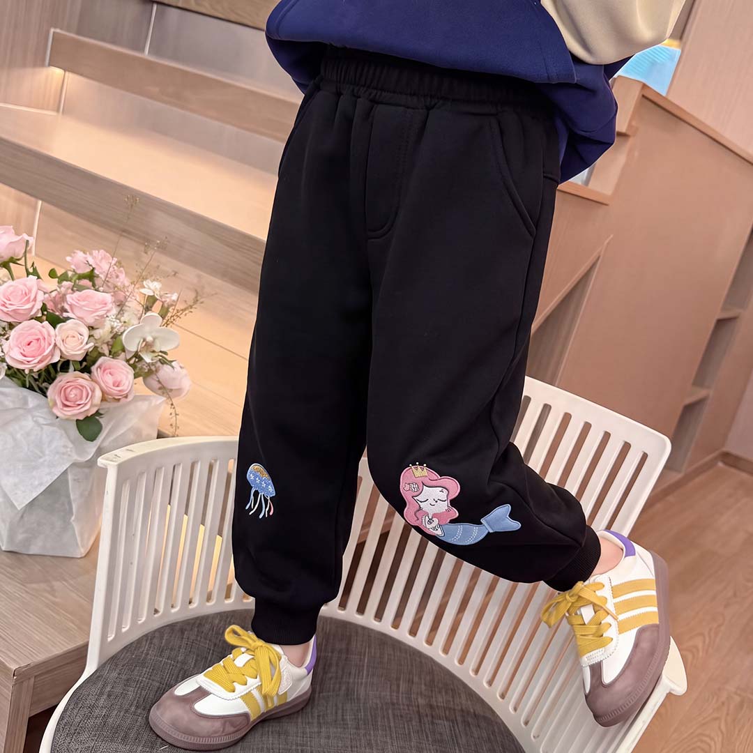 学生外穿长裤鱼尾裤子儿童加绒裤子秋冬款女孩子卡通水母刺绣卫裤