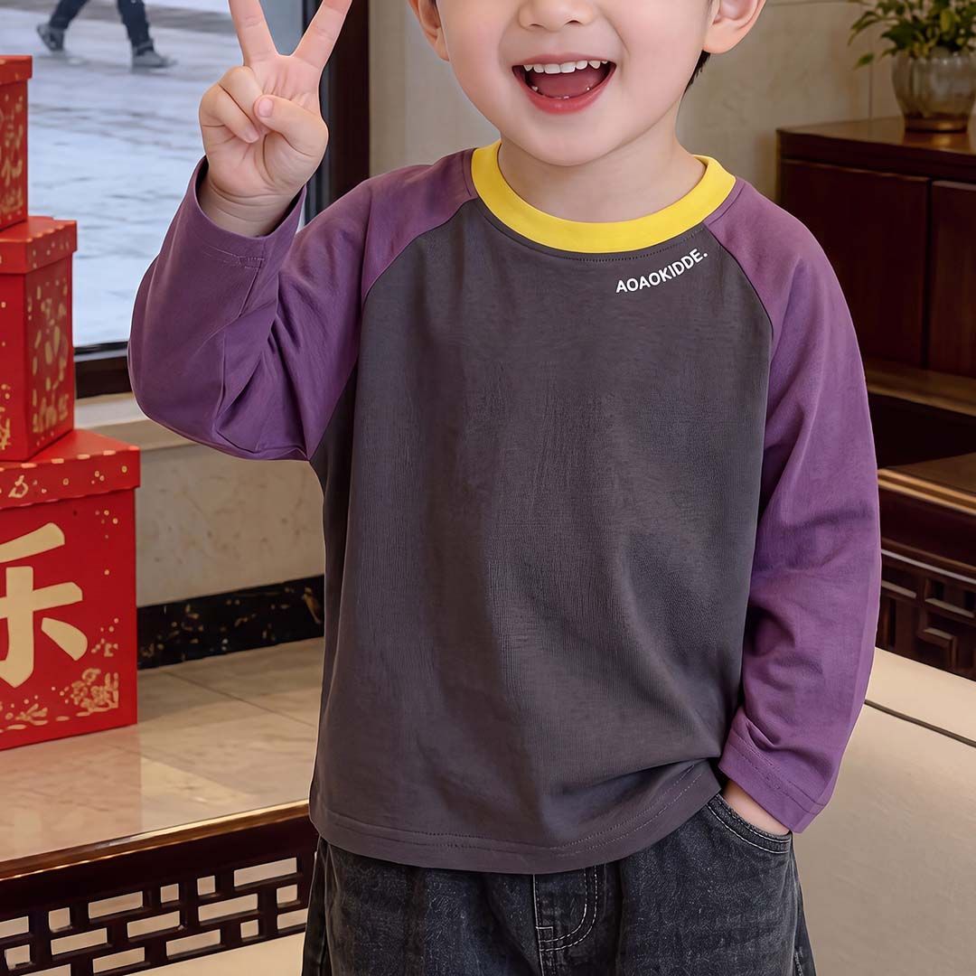 2026春季新款纯棉长袖T恤男女童韩版宽松撞色领子印花T帅气春秋款