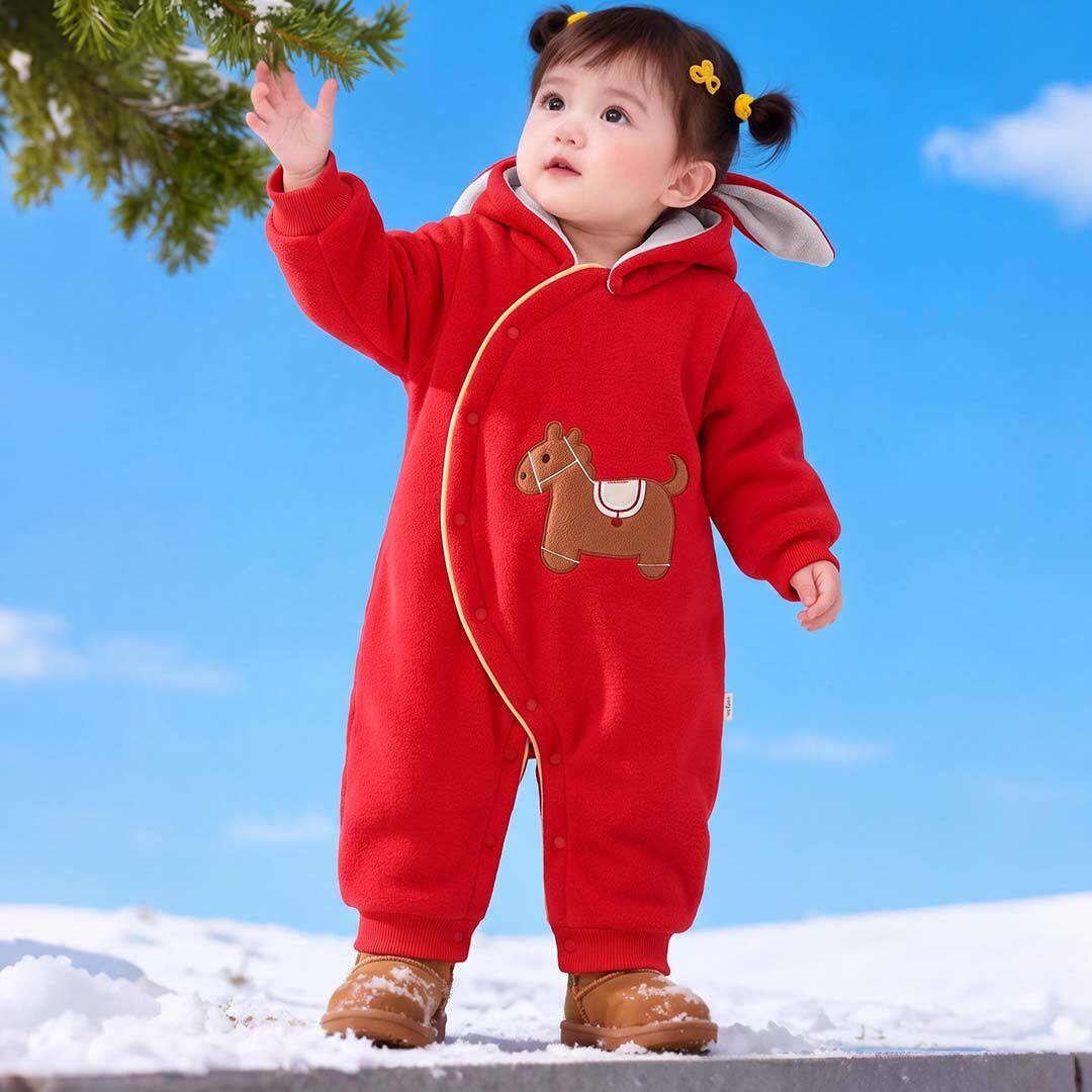 拜年服婴儿180g夹棉衣服秋冬季红色过年新生儿加厚带帽连体衣厚款