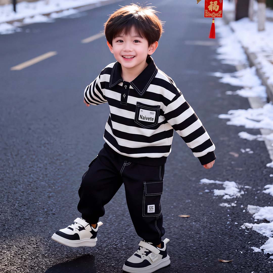 2026新款网红儿童洋气韩版穿搭男童套装春秋装条纹卫衣休闲两件套