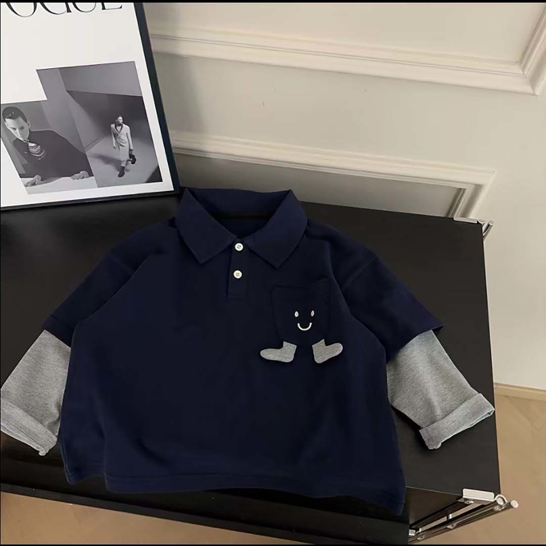 儿童polo衫春季新款男童女童韩版百搭卡通假两件休闲翻领长袖T恤