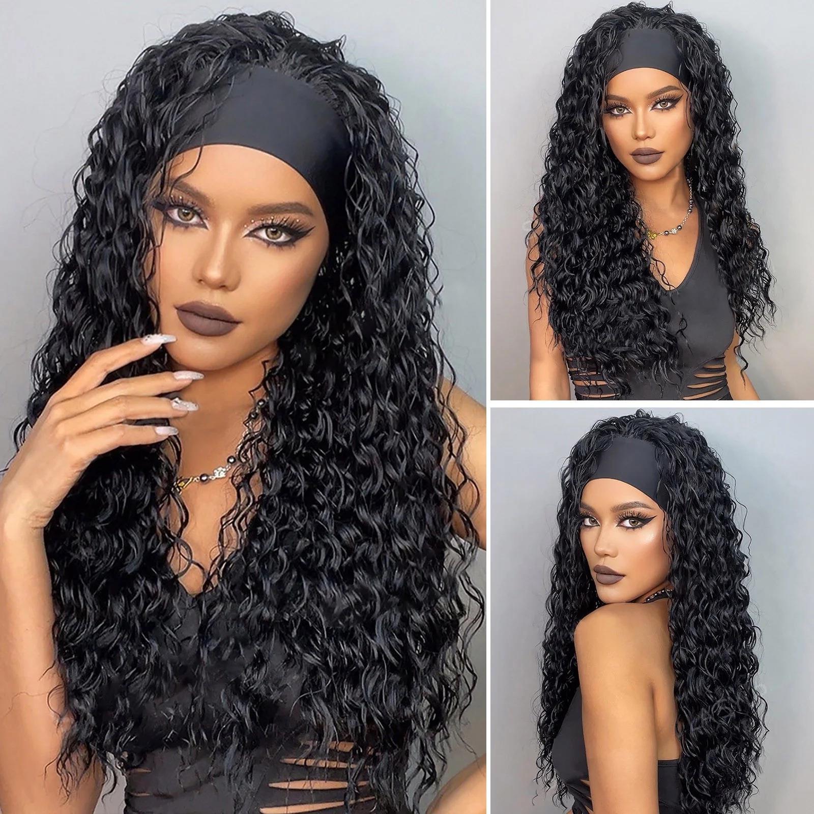 新款发带假发女欧美爆款Hair黑色小卷棕色长直发机制高温丝亚马逊