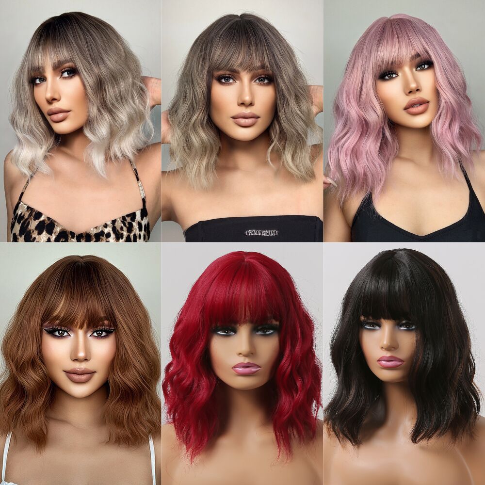 亚马逊外贸新款 齐刘海短卷发bobo头 欧美化纤假发全头套