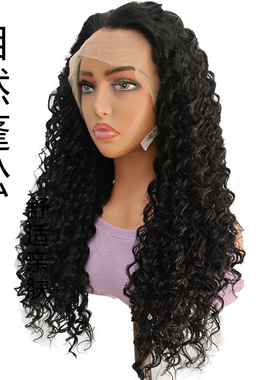 非洲黑色羊毛卷假发女款爆炸卷发套高温丝前蕾丝头套synth外贸wig