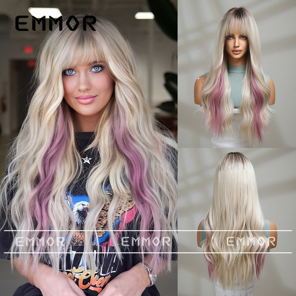 亚马逊shein外贸新品cos假发齐刘海渐变米白挑染粉时尚长卷发