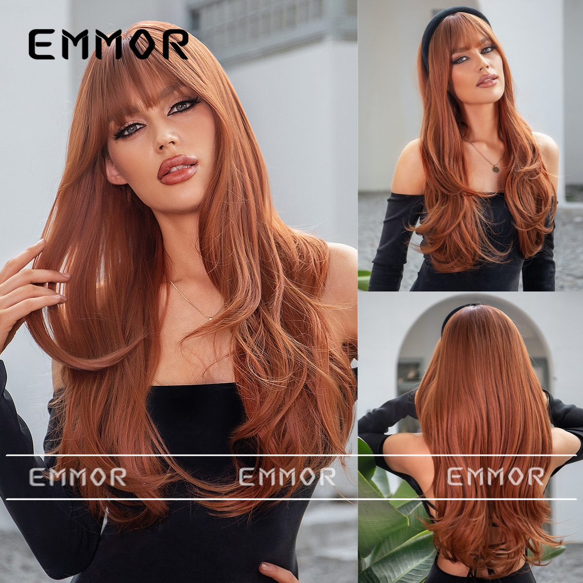 外贸热销假发女齐刘海脏橘色渐变长卷发时尚气质整顶发套wigs