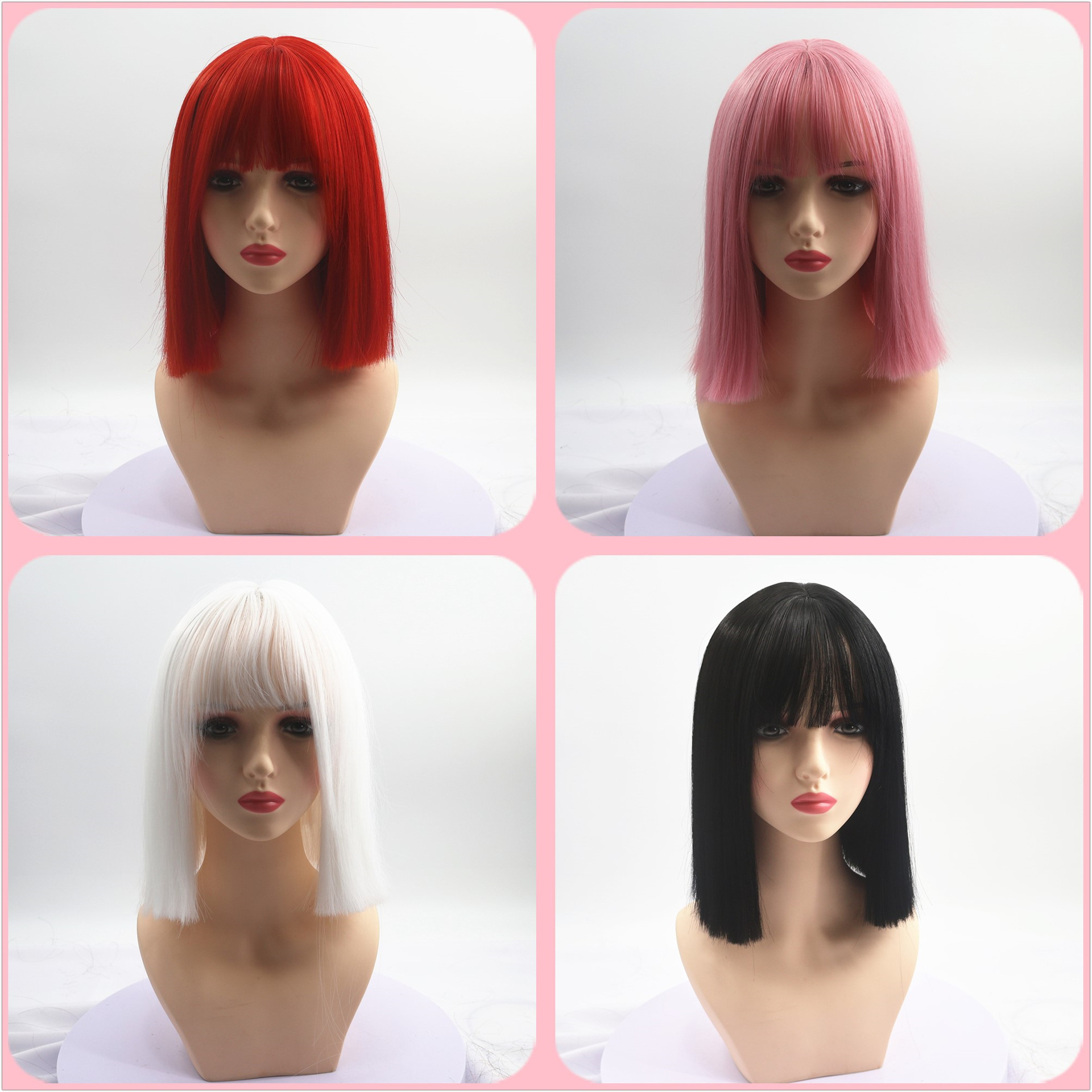 亚马逊爆款浅粉色短直发波波头齐刘海欧美亚洲女化纤假发头套wigs
