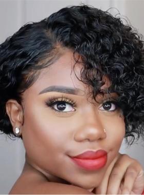 非洲小卷假发hair欧美假发女短卷发假发黑色偏分机制整顶化纤头套