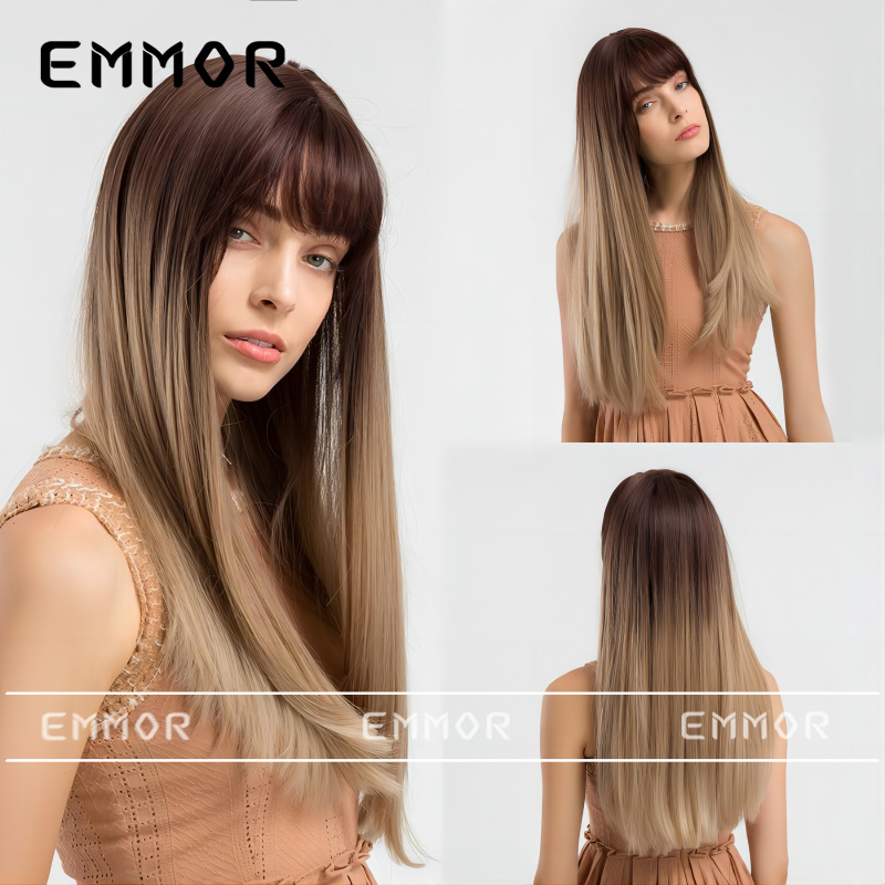 Emmor外贸热卖 齐刘海黑色渐变金色长直发全头套假发女wigs