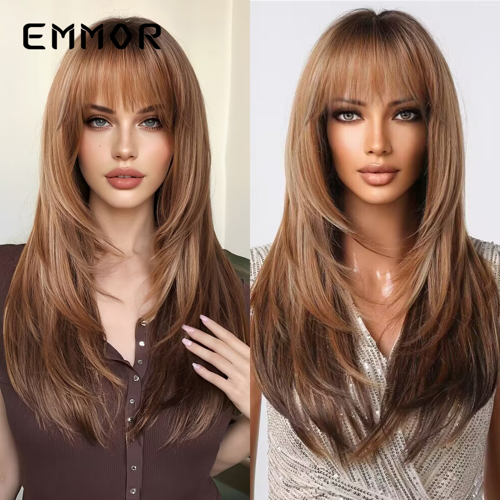 齐刘海高层次渐变棕长直发发尾染欧美风自然时尚假发全头发型wigs