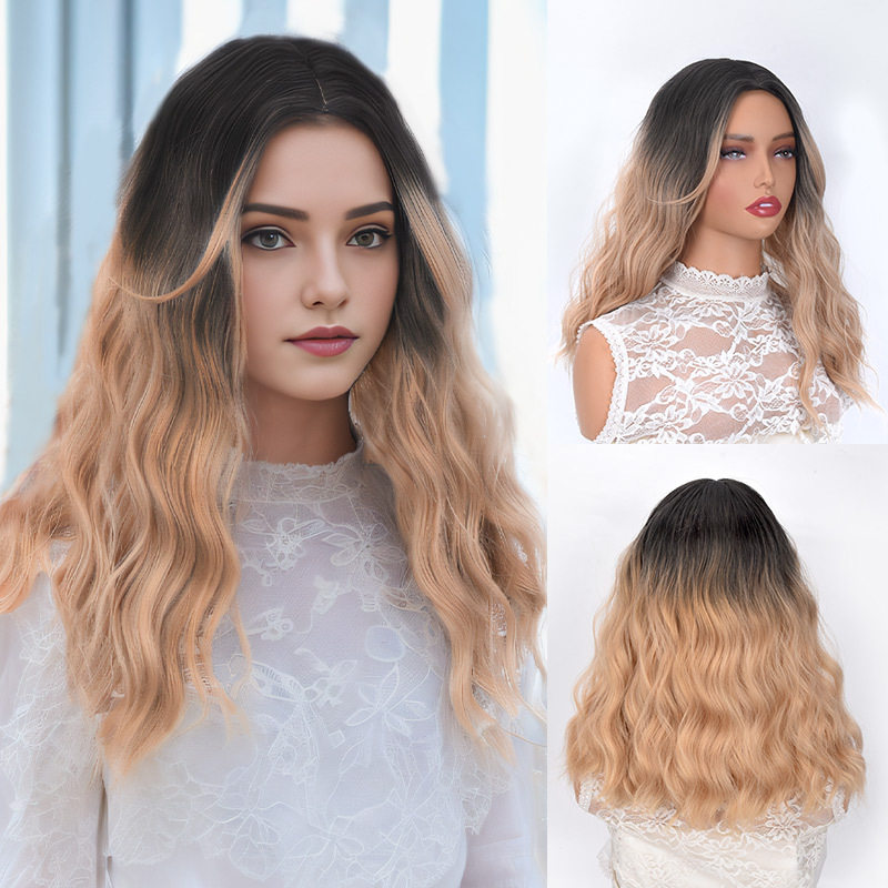 欧美外贸假发女S分缝染色水波纹棕黑渐变金色头套波浪卷中长发