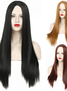 许昌假发跨境时尚中分黑色长直全头套wigs长直发欧美非化纤假发头
