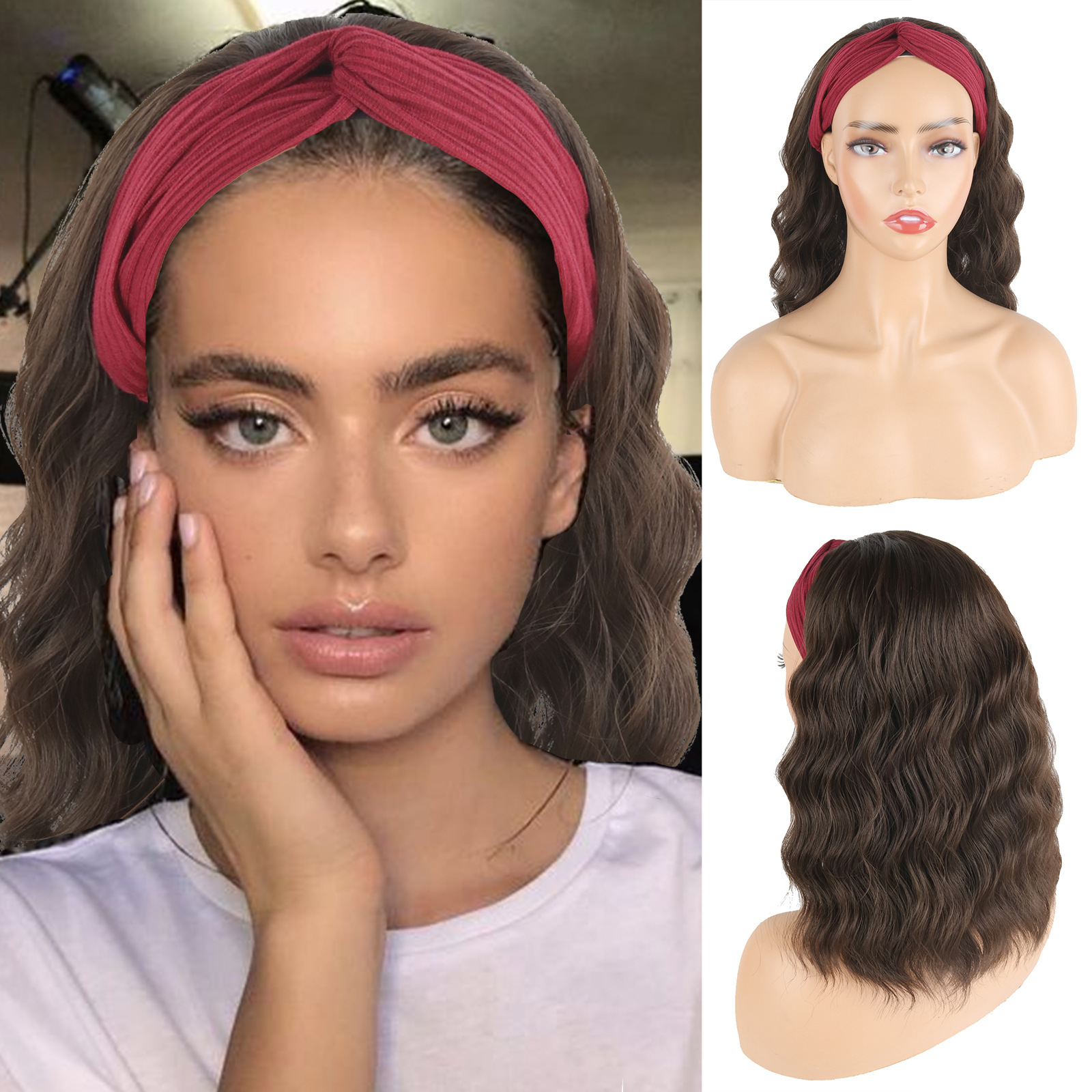 欧美假发女冰丝发带多色中长卷发长发大波浪头巾化纤头套现货14