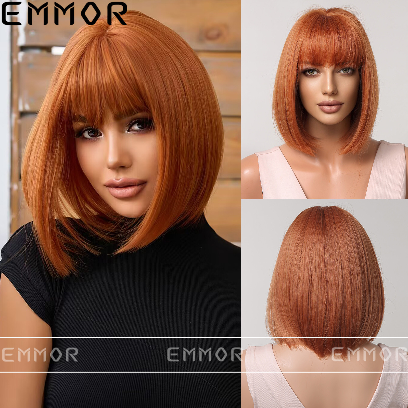 亚马逊时尚热销款wig 齐刘海橘红色短发bobo头全头套假发女