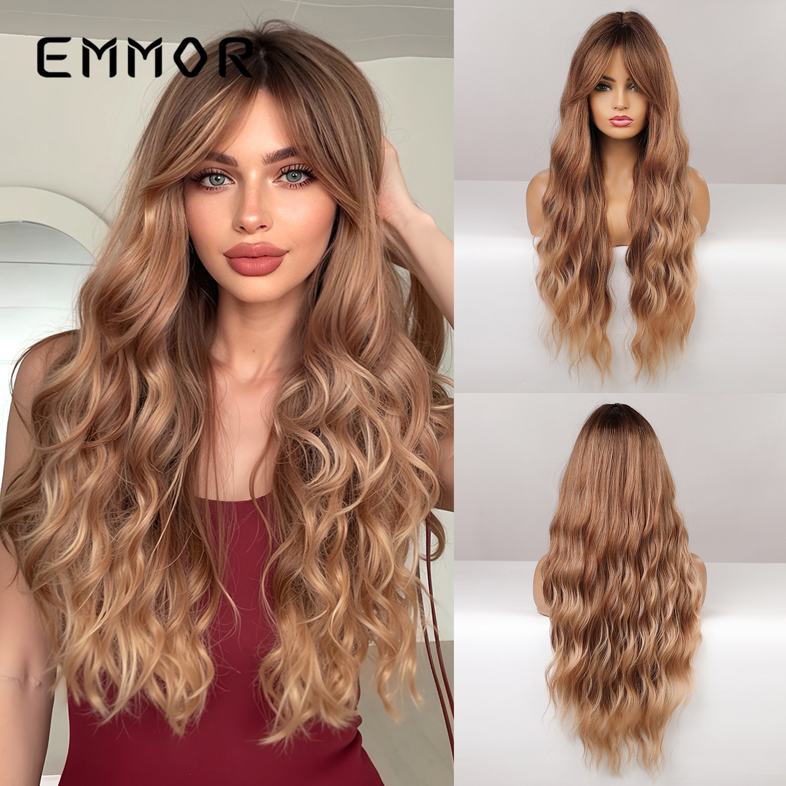 厂家欧美女士假发优雅八字刘海棕色长卷发高温丝化纤头套wigs