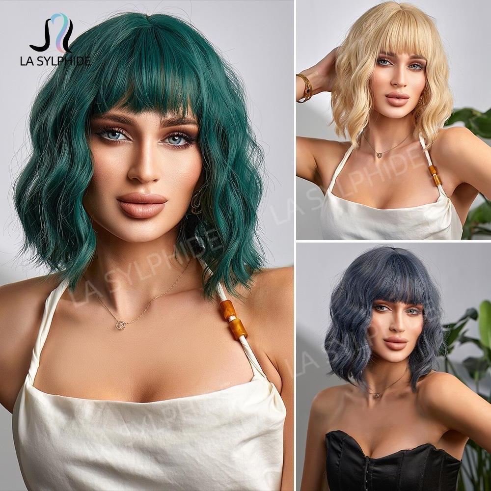 假发女甜酷高温丝cosplay绿蓝多色短卷发齐刘海机制全头套hair