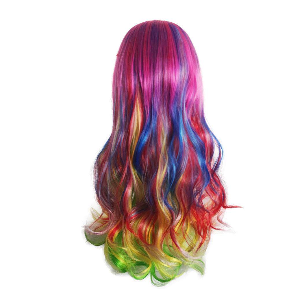欧美亚马逊Cosplay动漫假发彩虹发套七彩原宿渐变斜刘海长卷发wig