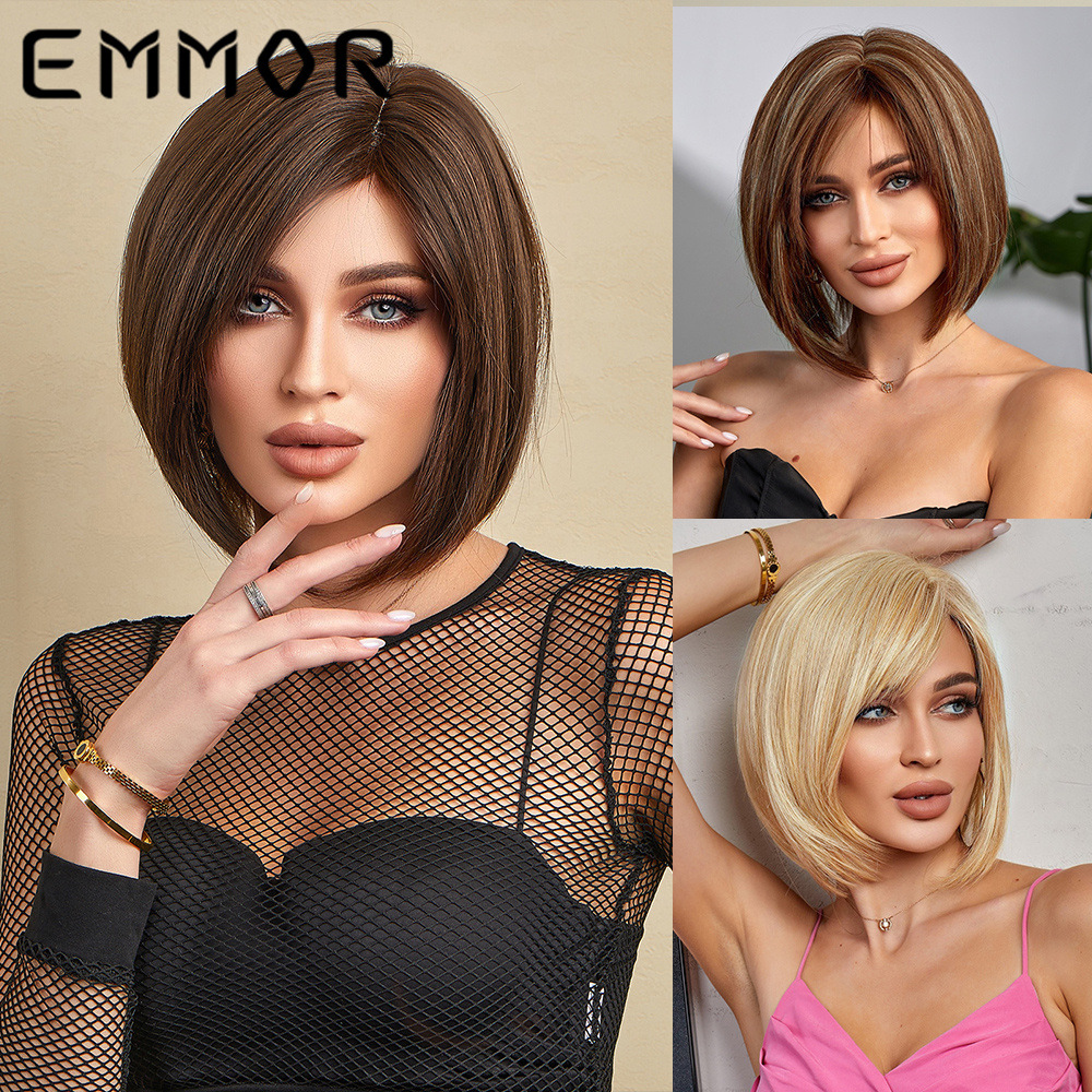 亚马逊新款假发女 斜分短直发夏季前额手织 欧美化纤假发全头