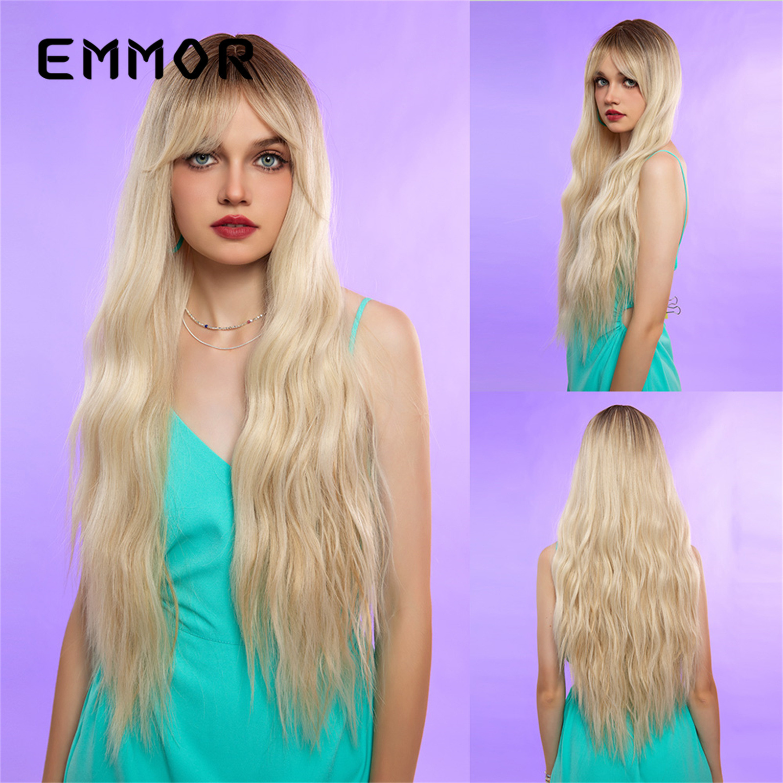 时尚假发化纤全头套 空气刘海蓬松渐变金色大波浪长卷发整顶假发