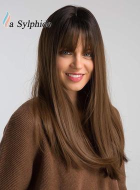 欧美女士wigs黑色棕色混色空气刘海直发机制假发头套高温丝