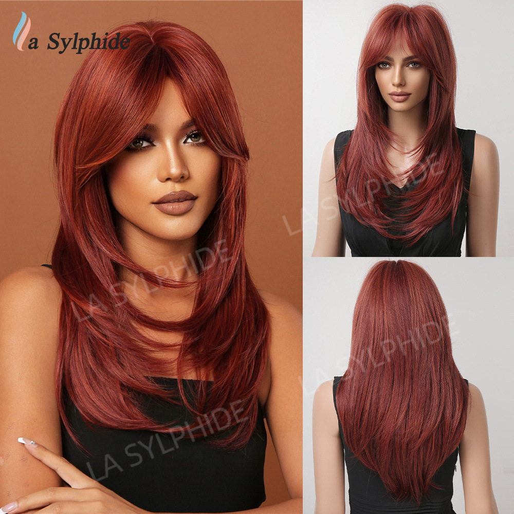 欧美假发女红棕色八字刘海长直发23inch机制化纤全头套Fiber wig