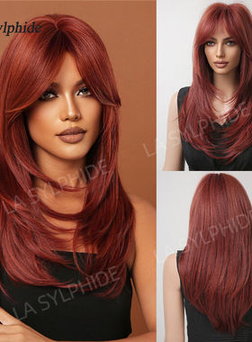 欧美假发女红棕色八字刘海长直发23inch机制化纤全头套Fiber wig