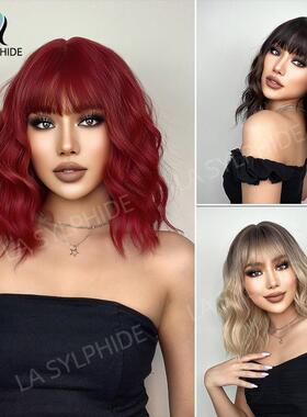 外贸欧美假发女士机制高温丝hair头套空气刘海红色金色短卷发wig