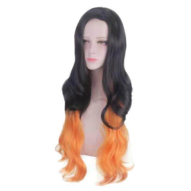 鬼灭之刃动漫灶门祢豆子cos假发渐变黑加橙色自然女中分长卷发