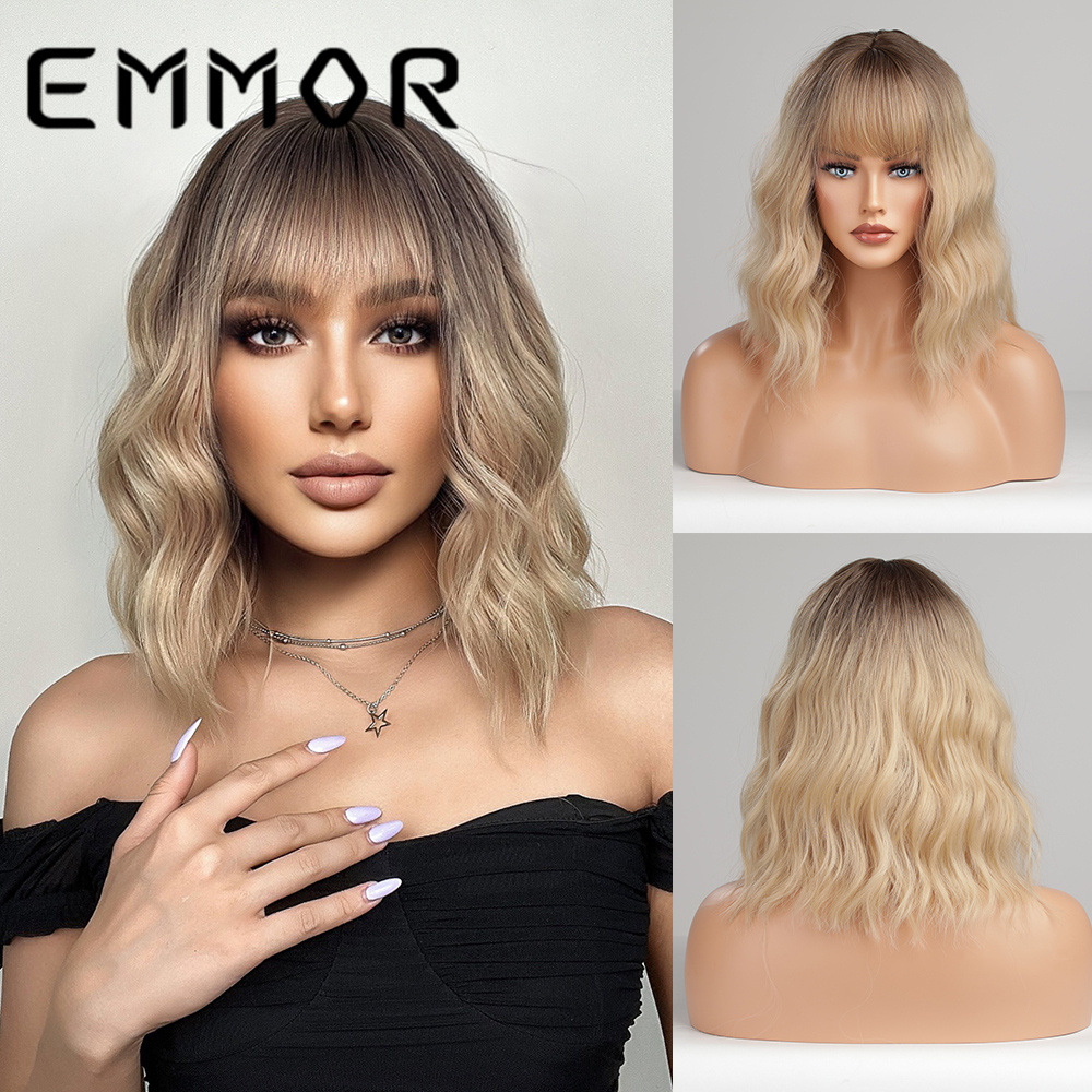 欧美亚马逊新款 齐刘海渐变BOBO头卷发 化纤高温丝假发头套