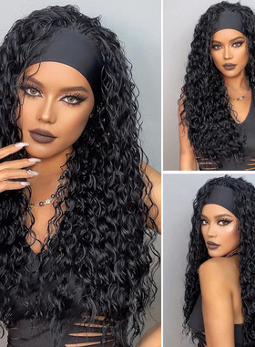 新款发带假发女欧美爆款Hair黑色小卷棕色长直发机制高温丝亚马逊