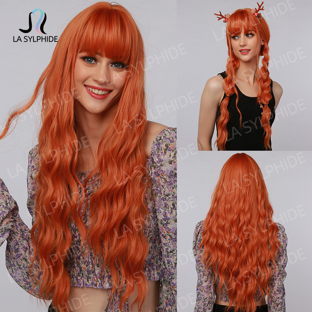 跨境欧美假发女Hair橘色紫色绿色假发头套机制化纤刘海长卷发cos