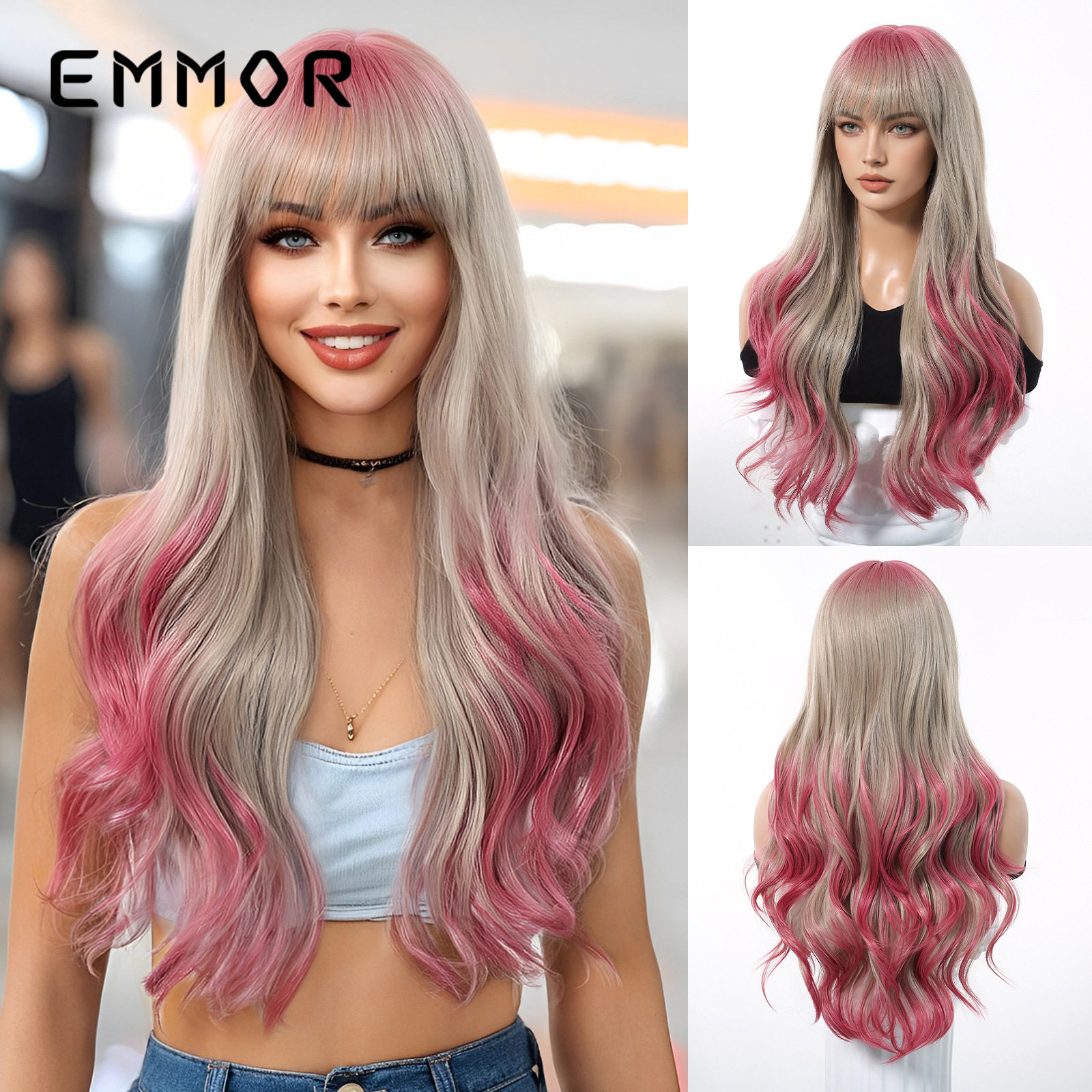 欧美cosplay节日齐刘海火龙果色显白大波浪长卷发自然假发全头套