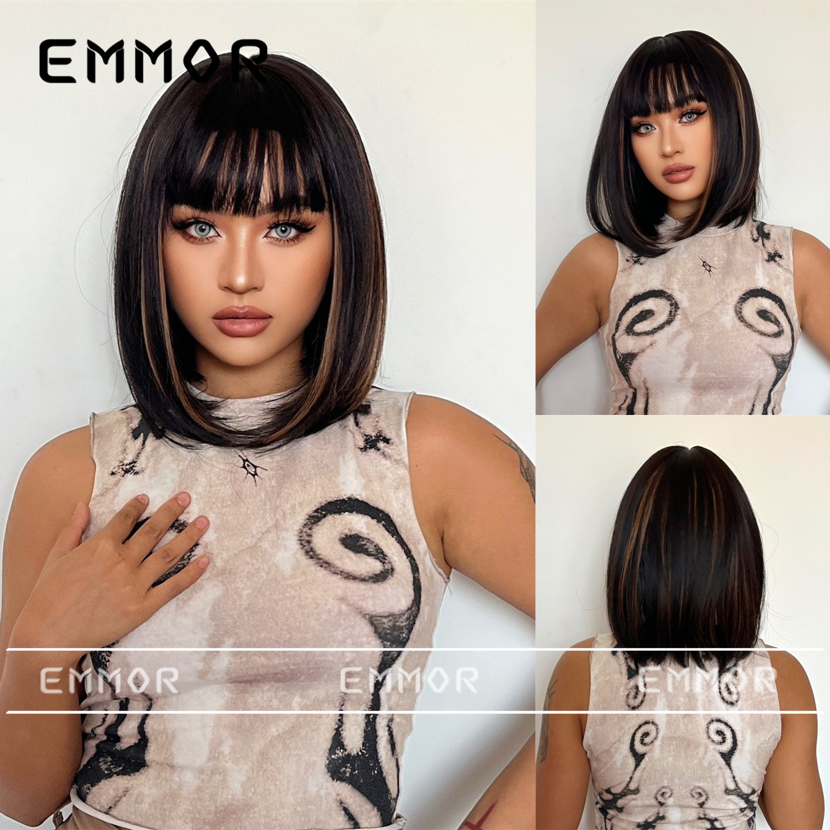 假发女新款短发全头头套仿真齐刘海黑棕挑染金锁骨发直发造型假发