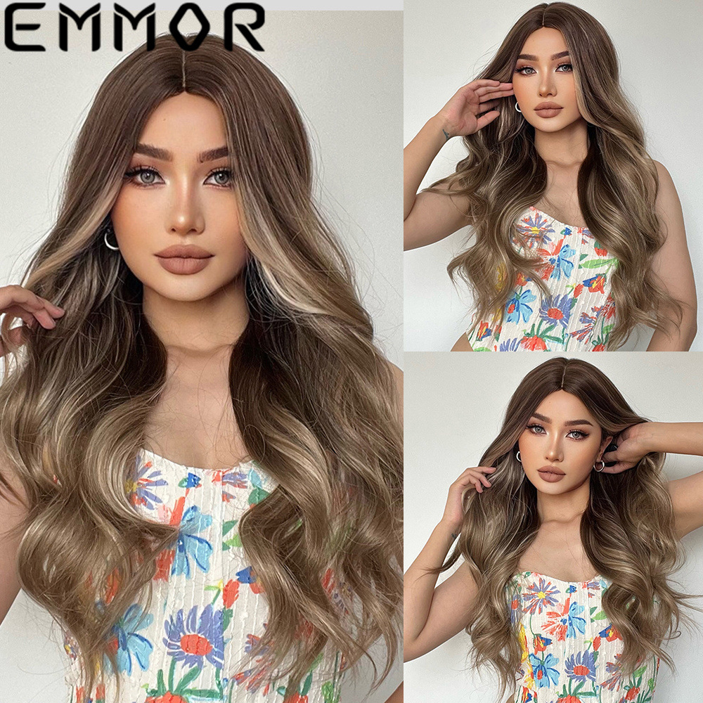 亚马逊欧美白人假发 中分挑染渐变灰棕长卷发 化纤假发全头套wigs