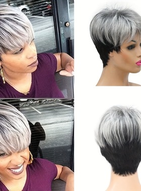 女士渐变灰色短发假发黑人合成假发短款小精灵刘海假发头套欧美款