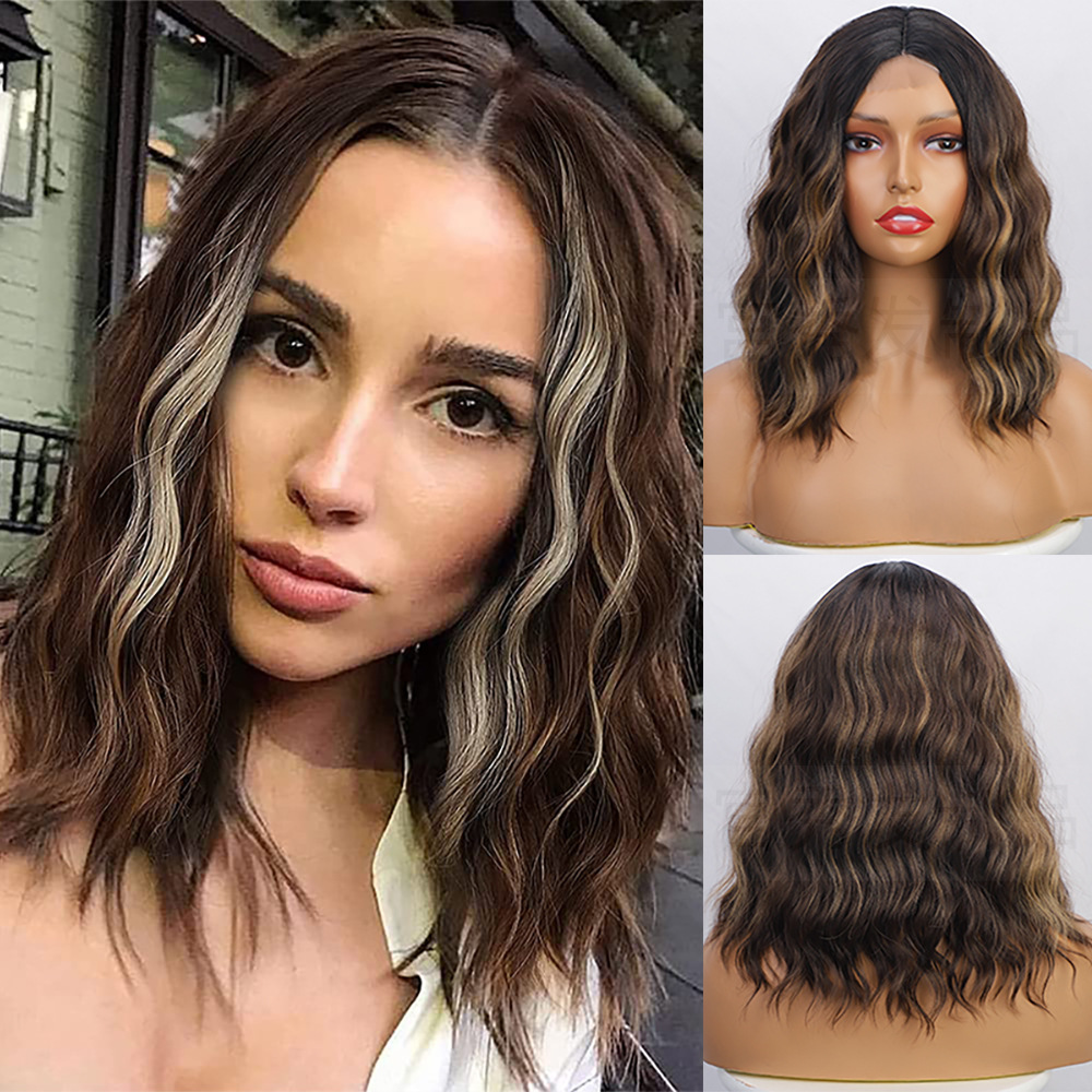 假发欧美女士前蕾丝假发中分小蕾丝挑染水波纹短卷发化纤头套wigs