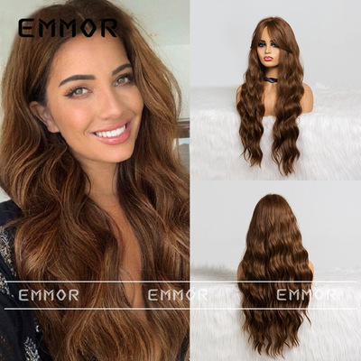 Emmor欧美风亚马逊女士假发 八字刘海棕色长卷发大波浪高温丝假发