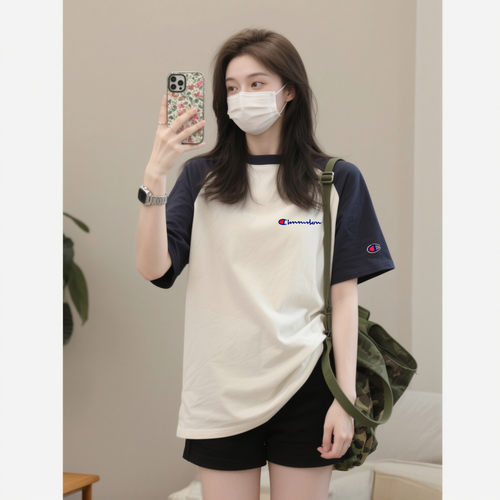 七彩冠军夏季复古插肩短袖T恤女
