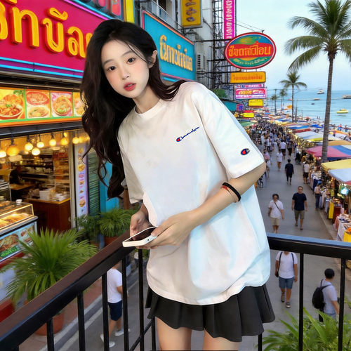 七彩冠军美式休闲纯棉短袖T恤女