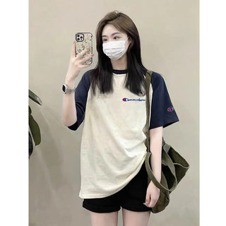 冠军刺绣夏季美式半袖女短袖T恤情侣拼接插肩宽松纯棉打底上衣男
